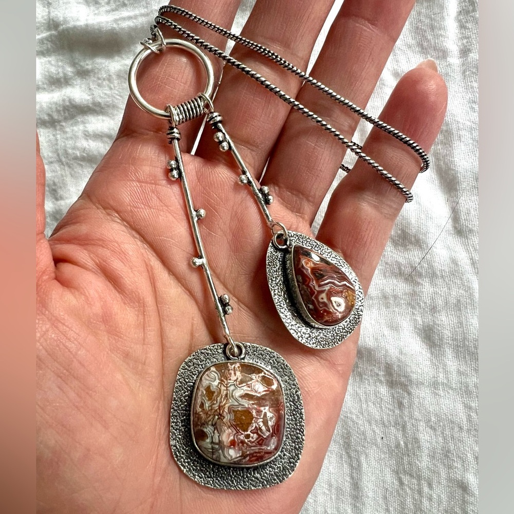 925 OOAK Crazy Lace Agate Lariat Style Necklace